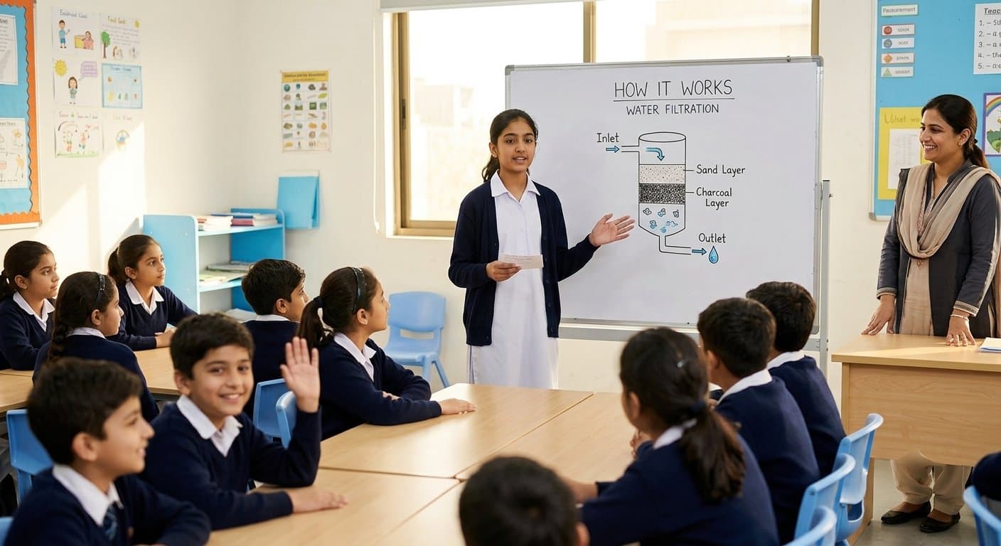 A senior student presenting confidently to the class