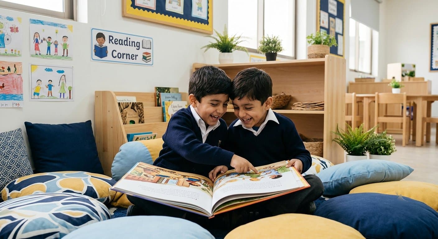 Kindergarten children reading a picture book together