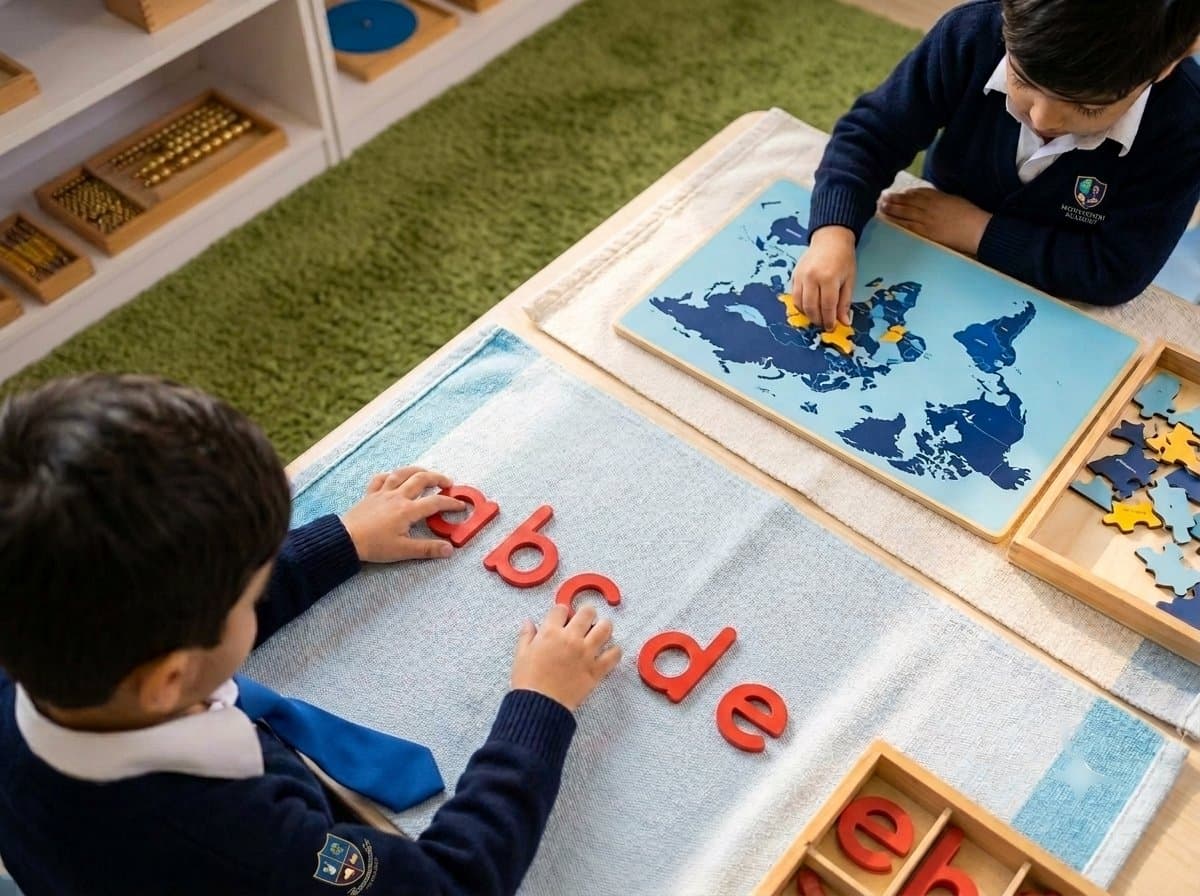 Montessori classroom with children using golden bead materials