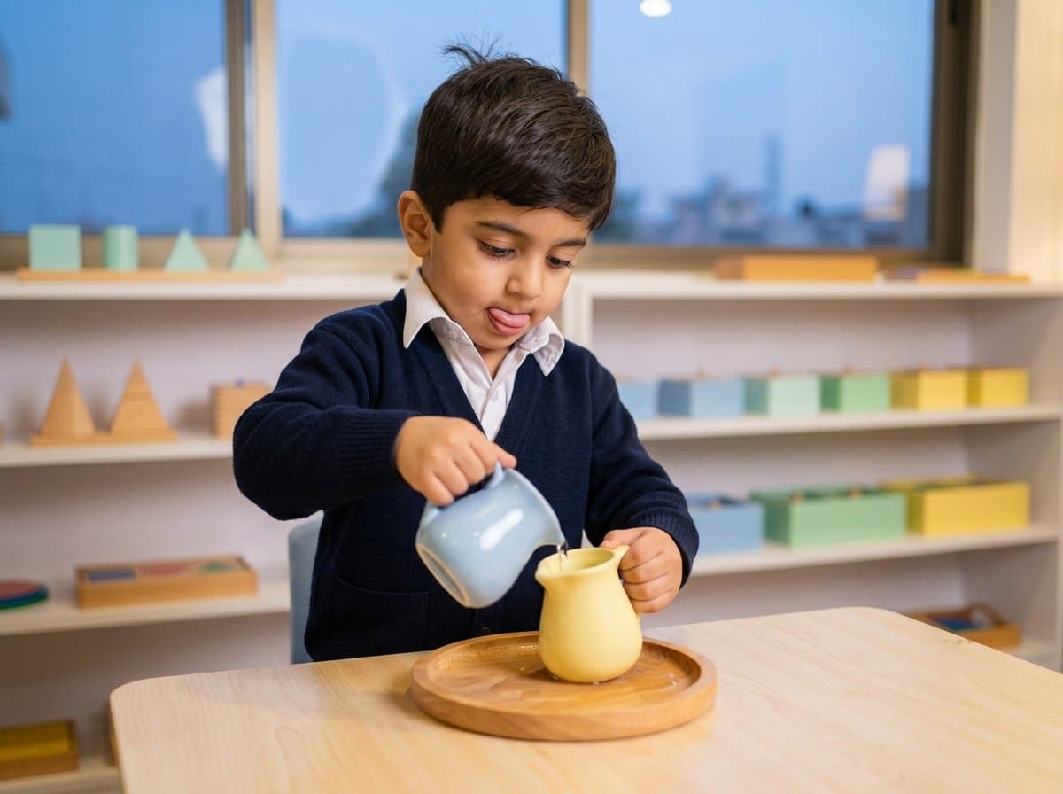 Practical life — a nursery child pouring water between jugs